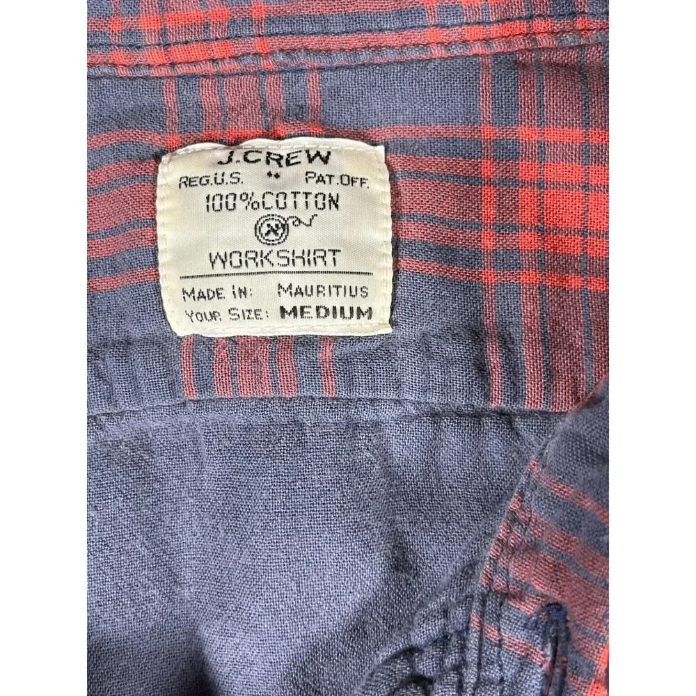 Vintage 90s J.Crew Men’s M Plaid Workshirt 100% Cotton Red Blue Button Up